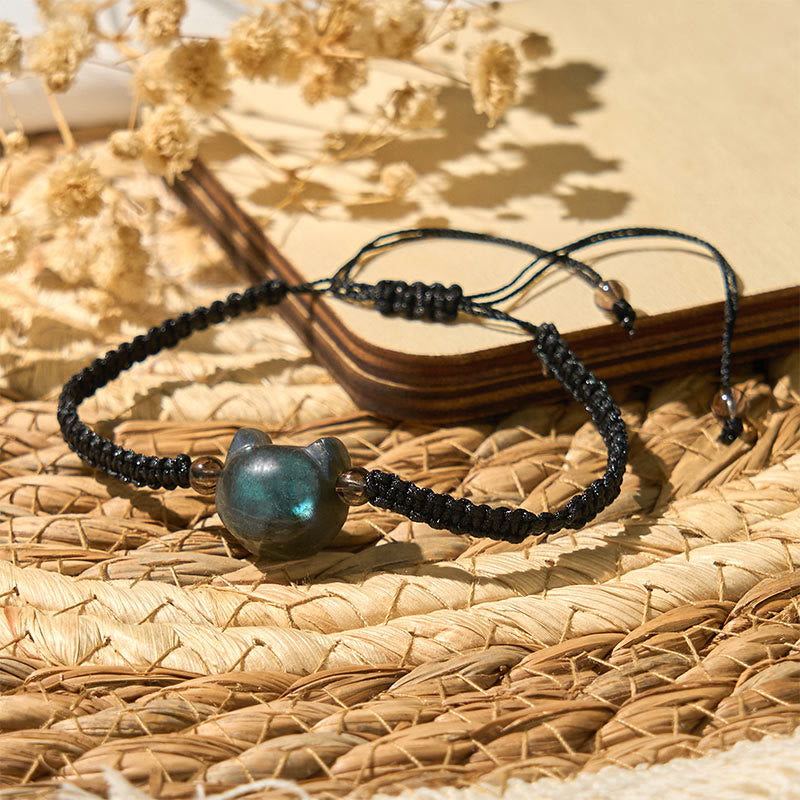 Braccialetto curativo in corda nera con testa di gatto e labradorite naturale Buddha Stones - image 4