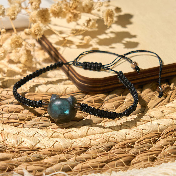 Braccialetto curativo in corda nera con testa di gatto e labradorite naturale Buddha Stones - image 4