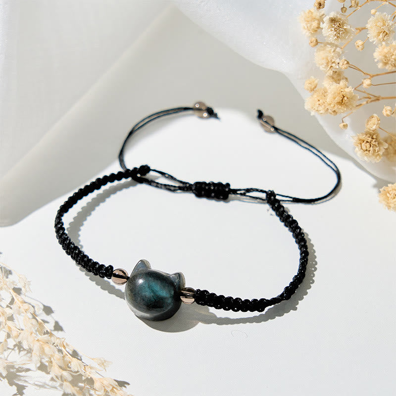 Braccialetto curativo in corda nera con testa di gatto e labradorite naturale Buddha Stones - image 3
