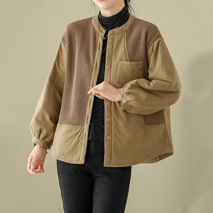 Giacca da donna in cotone a maniche lunghe con tasca e motivo patchwork semplice Buddha Stones Commute - image 2