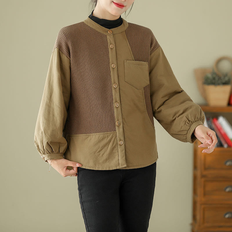 Giacca da donna in cotone a maniche lunghe con tasca e motivo patchwork semplice Buddha Stones Commute - image 3
