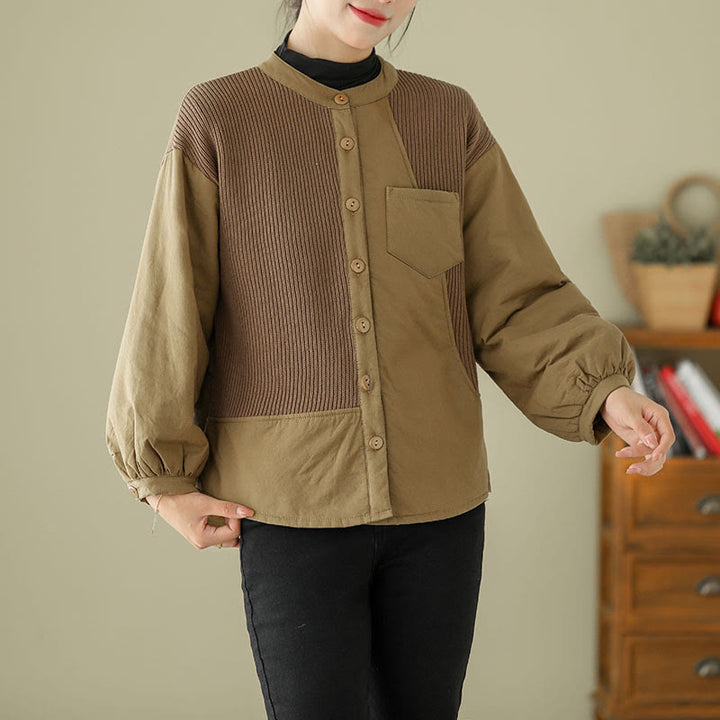 Giacca da donna in cotone a maniche lunghe con tasca e motivo patchwork semplice Buddha Stones Commute - image 3