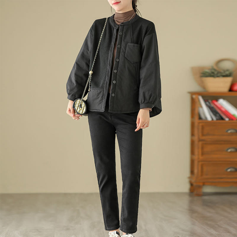 Giacca da donna in cotone a maniche lunghe con tasca e motivo patchwork semplice Buddha Stones Commute - image 14