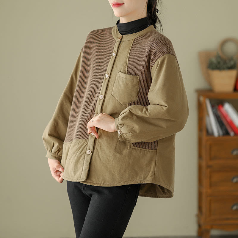 Giacca da donna in cotone a maniche lunghe con tasca e motivo patchwork semplice Buddha Stones Commute - image 1