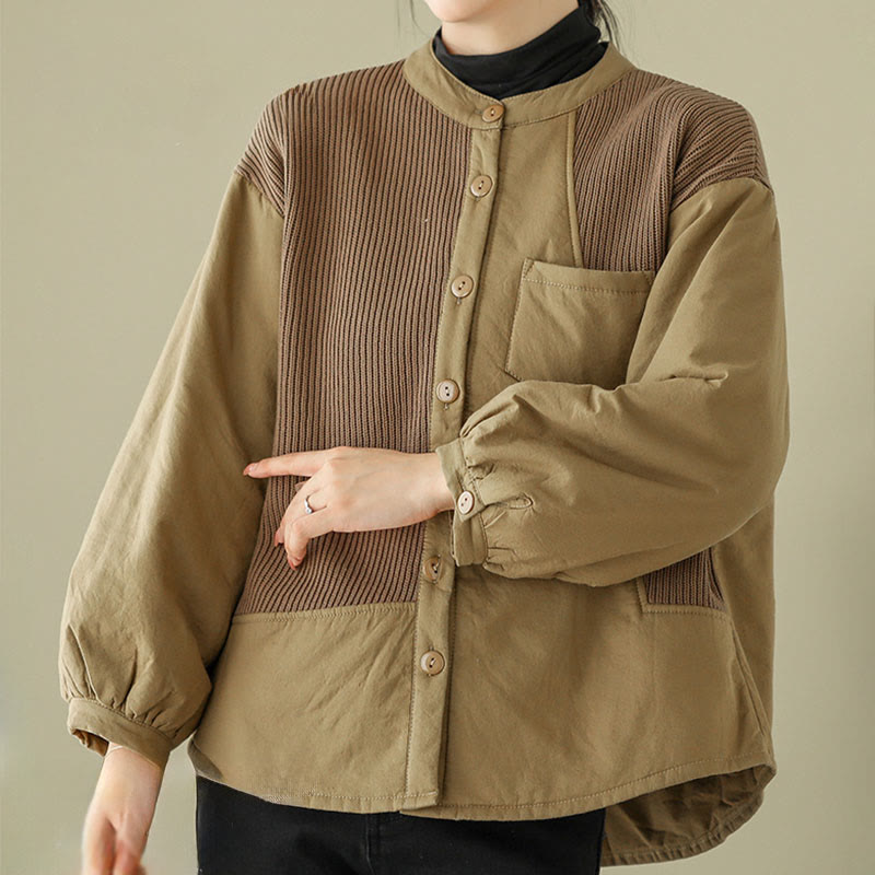 Giacca da donna in cotone a maniche lunghe con tasca e motivo patchwork semplice Buddha Stones Commute - image 4