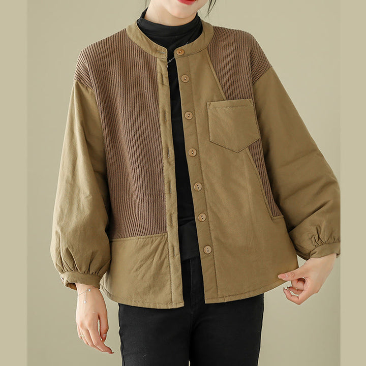 Giacca da donna in cotone a maniche lunghe con tasca e motivo patchwork semplice Buddha Stones Commute - image 5