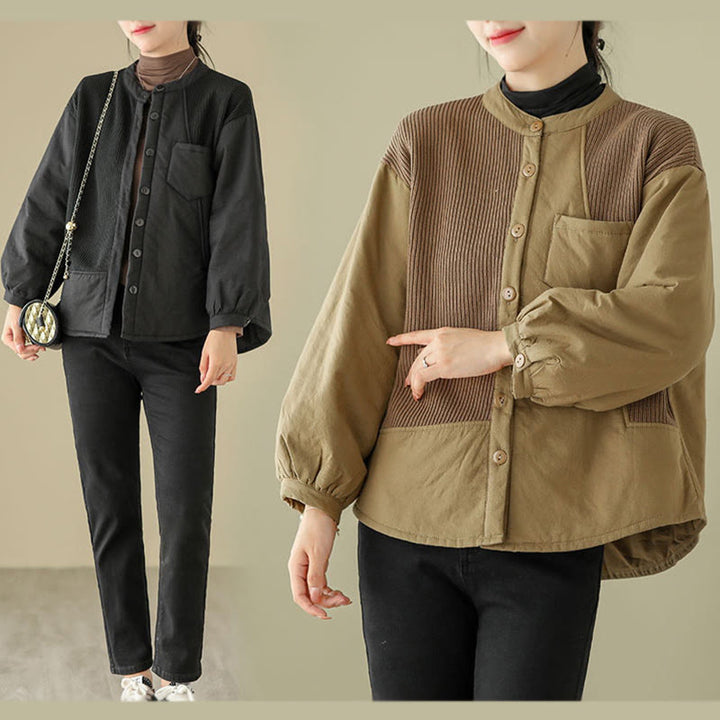 Giacca da donna in cotone a maniche lunghe con tasca e motivo patchwork semplice Buddha Stones Commute - image 15
