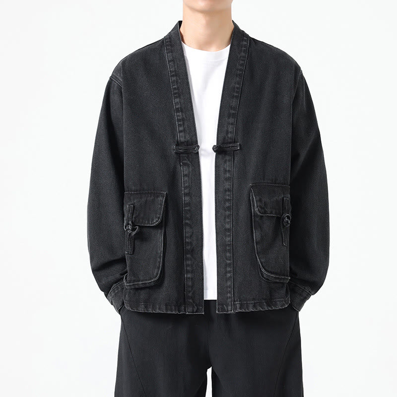 Giacca da uomo in cotone a maniche lunghe con tasche e bottoni in denim con Buddha Stones - Nero - US/UK/AU48, EU58 (5XL) - image 0