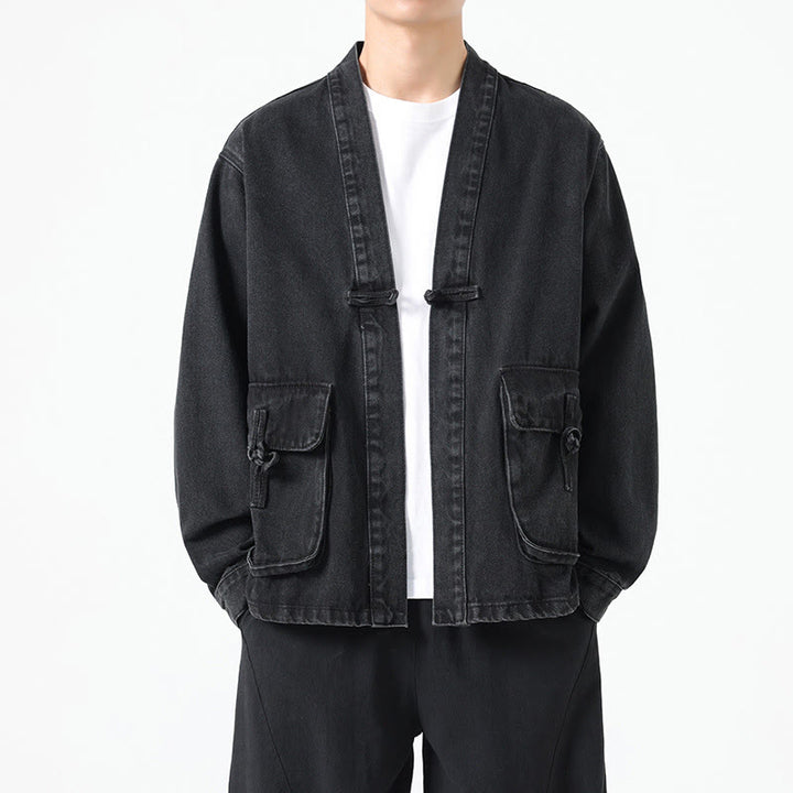 Giacca da uomo in cotone a maniche lunghe con tasche e bottoni in denim con Buddha Stones - Nero - US/UK/AU48, EU58 (5XL) - image 0