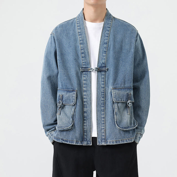 Giacca da uomo in cotone a maniche lunghe con tasche e bottoni in denim con Buddha Stones - AzzurroCielo Chiaro - US/UK/AU48, EU58 (5XL) - image 11