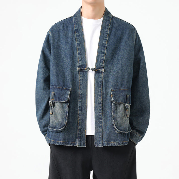 Giacca da uomo in cotone a maniche lunghe con tasche e bottoni in denim con Buddha Stones - SteelBlue - US/UK/AU48, EU58 (5XL) - image 18