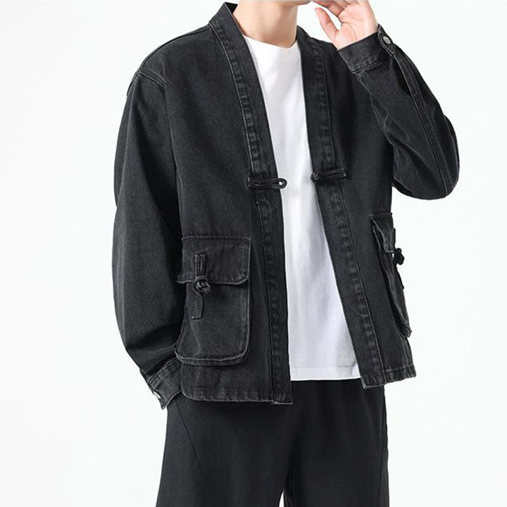 Giacca da uomo in cotone a maniche lunghe con tasche e bottoni in denim con Buddha Stones - image 1