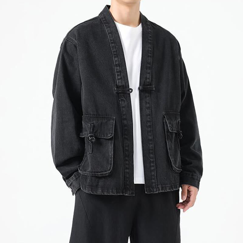 Giacca da uomo in cotone a maniche lunghe con tasche e bottoni in denim con Buddha Stones - image 5