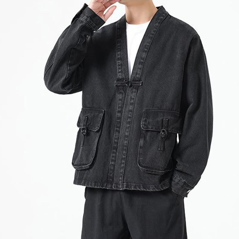 Giacca da uomo in cotone a maniche lunghe con tasche e bottoni in denim con Buddha Stones - image 3