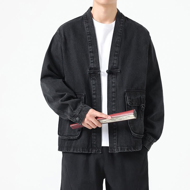 Giacca da uomo in cotone a maniche lunghe con tasche e bottoni in denim con Buddha Stones - image 2