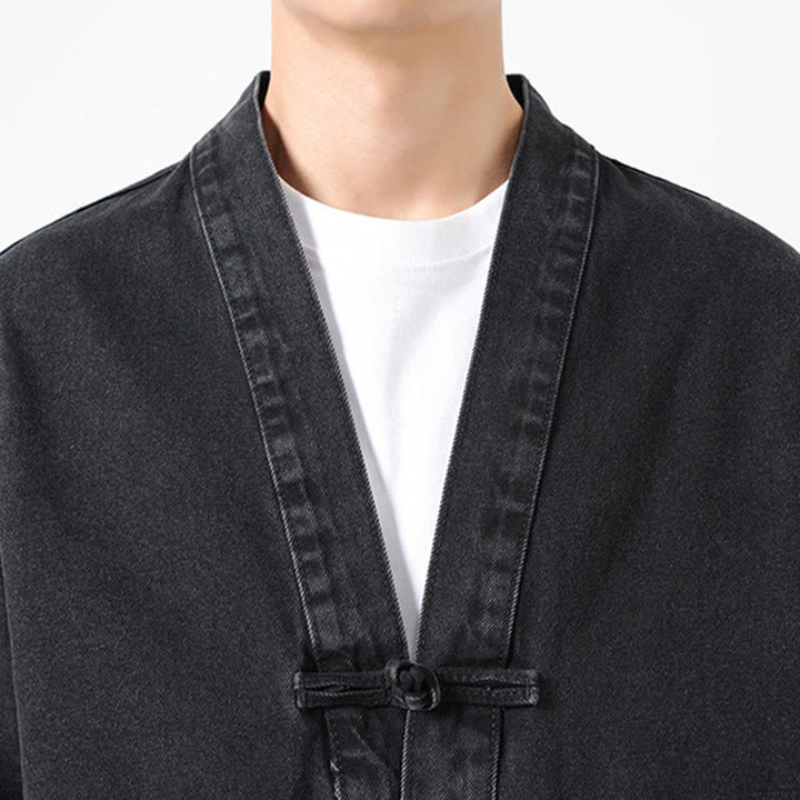 Giacca da uomo in cotone a maniche lunghe con tasche e bottoni in denim con Buddha Stones - image 7