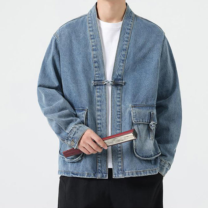 Giacca da uomo in cotone a maniche lunghe con tasche e bottoni in denim con Buddha Stones - image 16