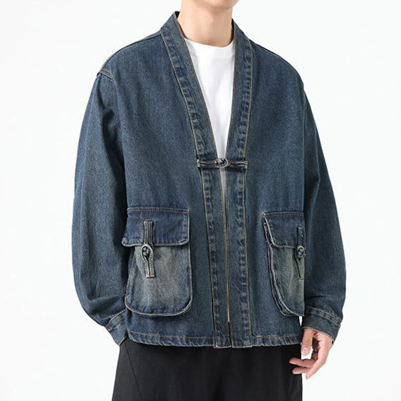 Giacca da uomo in cotone a maniche lunghe con tasche e bottoni in denim con Buddha Stones - image 23