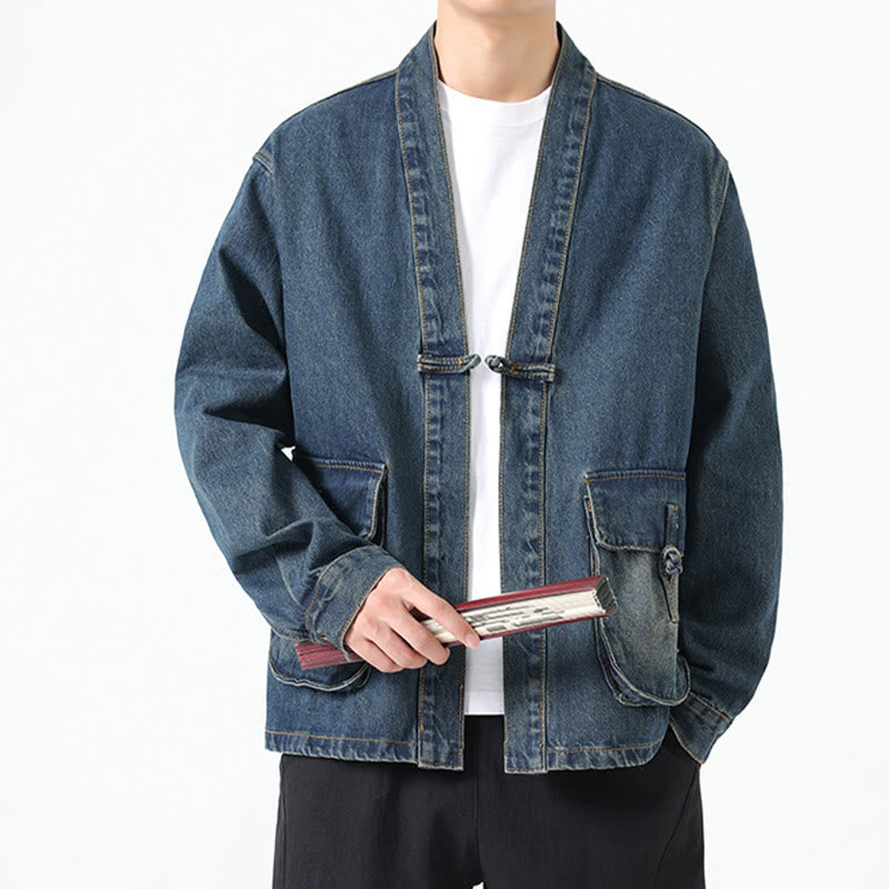 Giacca da uomo in cotone a maniche lunghe con tasche e bottoni in denim con Buddha Stones - image 24