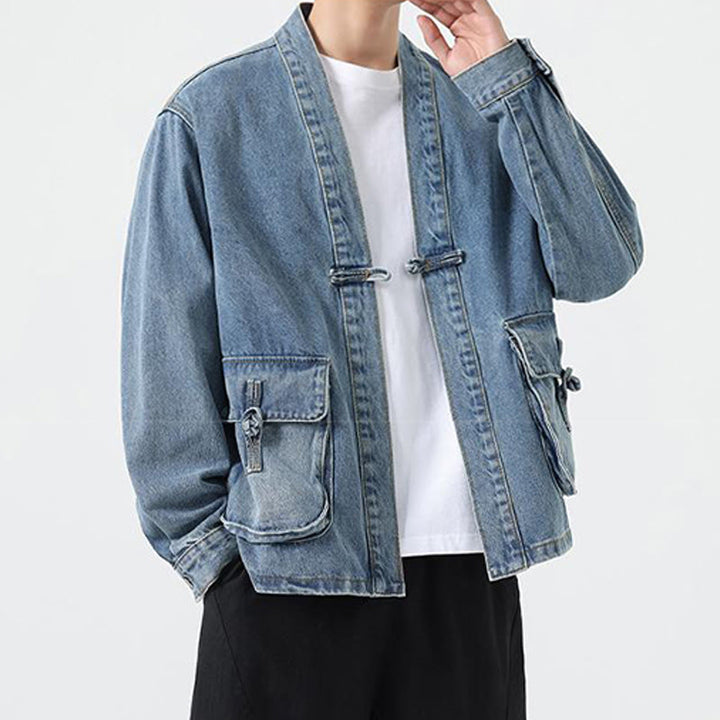 Giacca da uomo in cotone a maniche lunghe con tasche e bottoni in denim con Buddha Stones - image 12