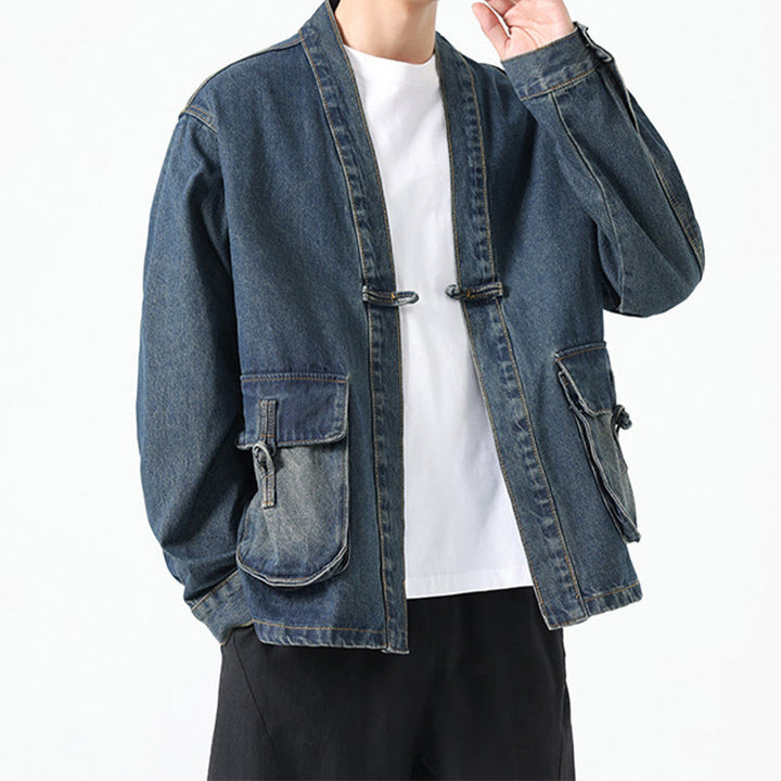 Giacca da uomo in cotone a maniche lunghe con tasche e bottoni in denim con Buddha Stones - image 19