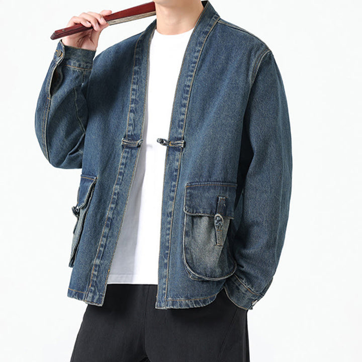 Giacca da uomo in cotone a maniche lunghe con tasche e bottoni in denim con Buddha Stones - image 21