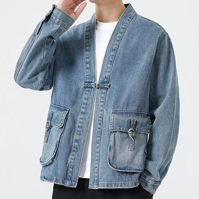 Giacca da uomo in cotone a maniche lunghe con tasche e bottoni in denim con Buddha Stones - image 14