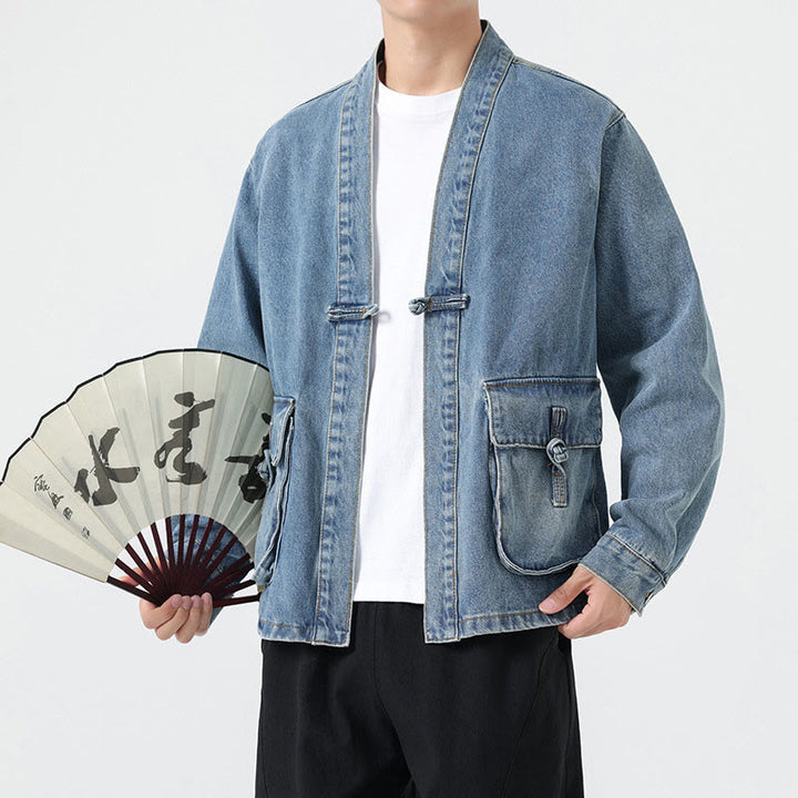 Giacca da uomo in cotone a maniche lunghe con tasche e bottoni in denim con Buddha Stones - image 13