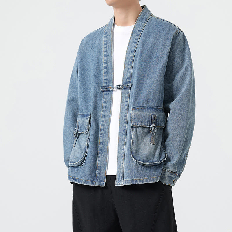 Giacca da uomo in cotone a maniche lunghe con tasche e bottoni in denim con Buddha Stones - image 17