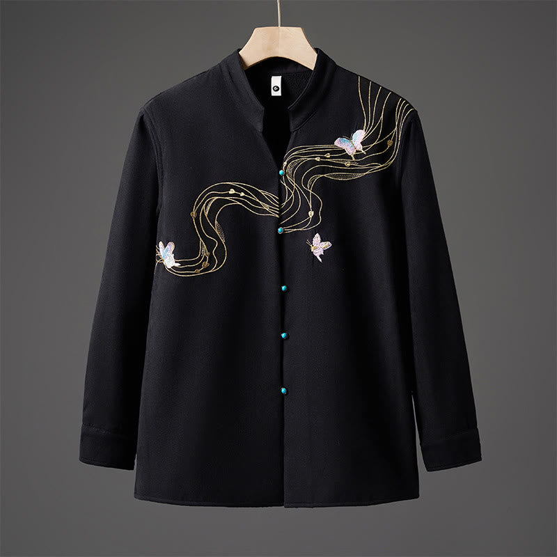 Giacca da uomo in cotone a maniche lunghe con nastro a farfalla ricamato invernale Buddha Stones, foderata in pile - Nero - US/UK/AU46, EU56 (5XL) - image 0