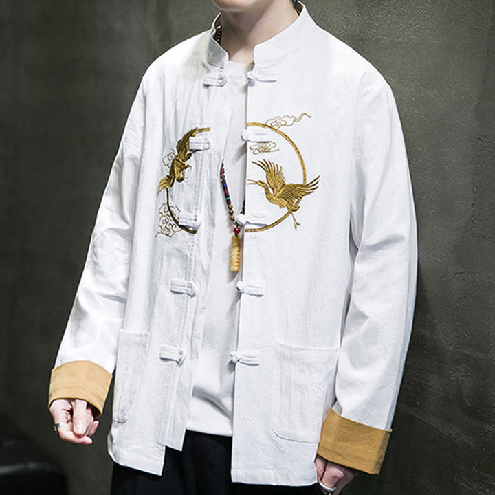 Camicia da uomo in cotone e lino a maniche lunghe con bottoni a forma di rana , Buddha Stones ricamate, gru, nuvole di buon auspicio - image 8