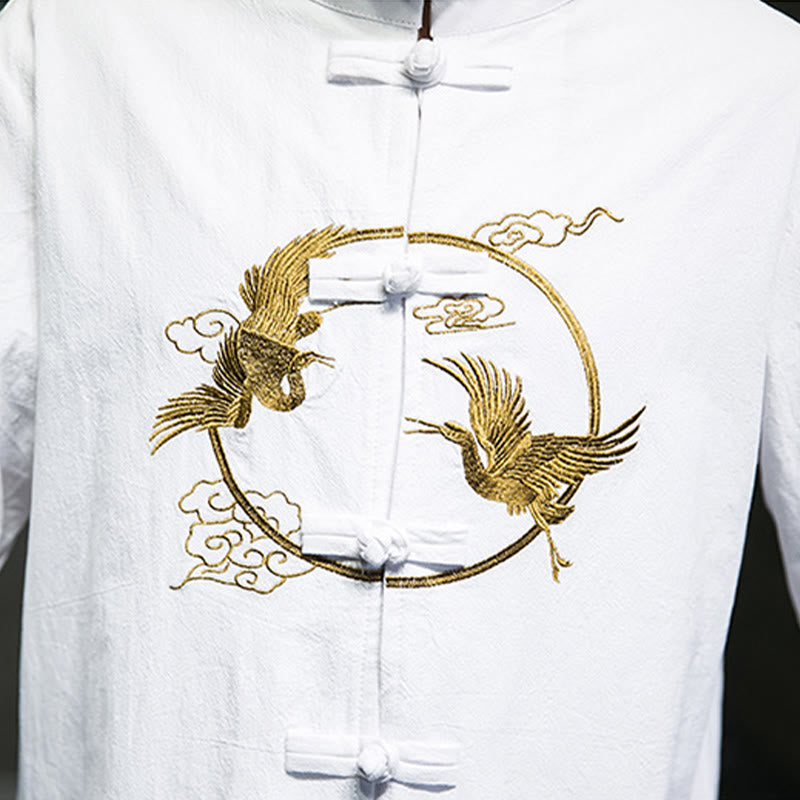 Camicia da uomo in cotone e lino a maniche lunghe con bottoni a forma di rana , Buddha Stones ricamate, gru, nuvole di buon auspicio - image 12
