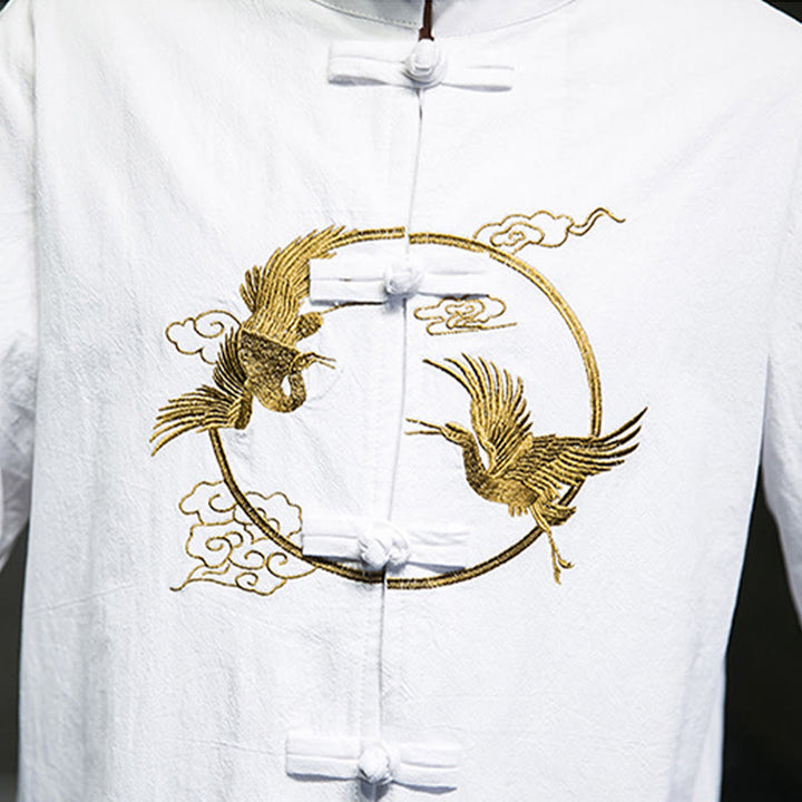 Camicia da uomo in cotone e lino a maniche lunghe con bottoni a forma di rana , Buddha Stones ricamate, gru, nuvole di buon auspicio - image 12