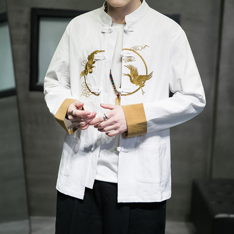 Camicia da uomo in cotone e lino a maniche lunghe con bottoni a forma di rana , Buddha Stones ricamate, gru, nuvole di buon auspicio - image 6