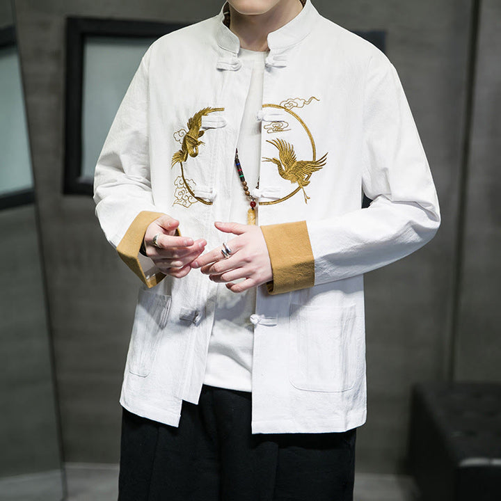 Camicia da uomo in cotone e lino a maniche lunghe con bottoni a forma di rana , Buddha Stones ricamate, gru, nuvole di buon auspicio - image 6