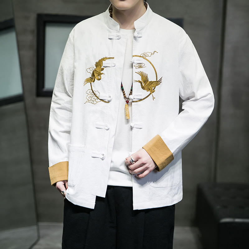 Camicia da uomo in cotone e lino a maniche lunghe con bottoni a forma di rana , Buddha Stones ricamate, gru, nuvole di buon auspicio - image 7