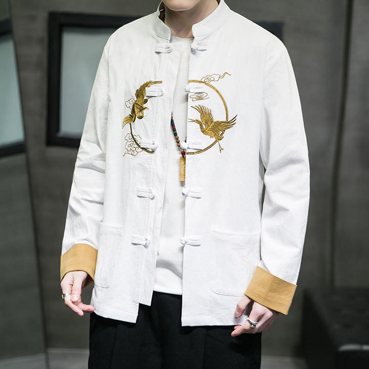 Camicia da uomo in cotone e lino a maniche lunghe con bottoni a forma di rana , Buddha Stones ricamate, gru, nuvole di buon auspicio - image 3