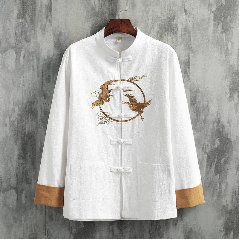 Camicia da uomo in cotone e lino a maniche lunghe con bottoni a forma di rana , Buddha Stones ricamate, gru, nuvole di buon auspicio - Bianco - US/UK/AU46, EU56 (5XL) - image 0