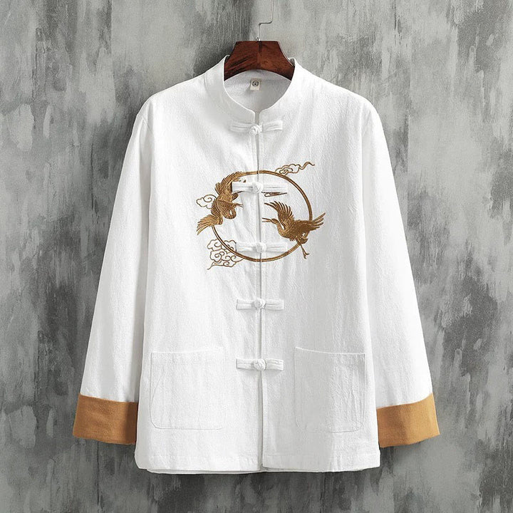 Camicia da uomo in cotone e lino a maniche lunghe con bottoni a forma di rana , Buddha Stones ricamate, gru, nuvole di buon auspicio - Bianco - US/UK/AU46, EU56 (5XL) - image 0