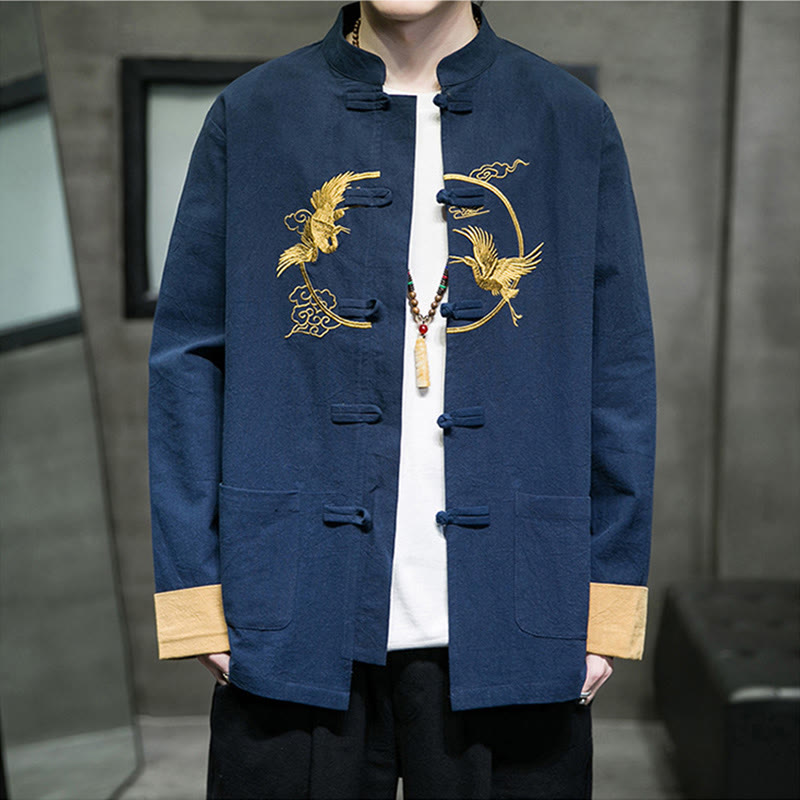 Camicia da uomo in cotone e lino a maniche lunghe con bottoni a forma di rana , Buddha Stones ricamate, gru, nuvole di buon auspicio - image 26