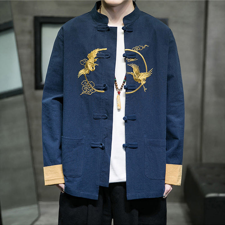 Camicia da uomo in cotone e lino a maniche lunghe con bottoni a forma di rana , Buddha Stones ricamate, gru, nuvole di buon auspicio - image 26