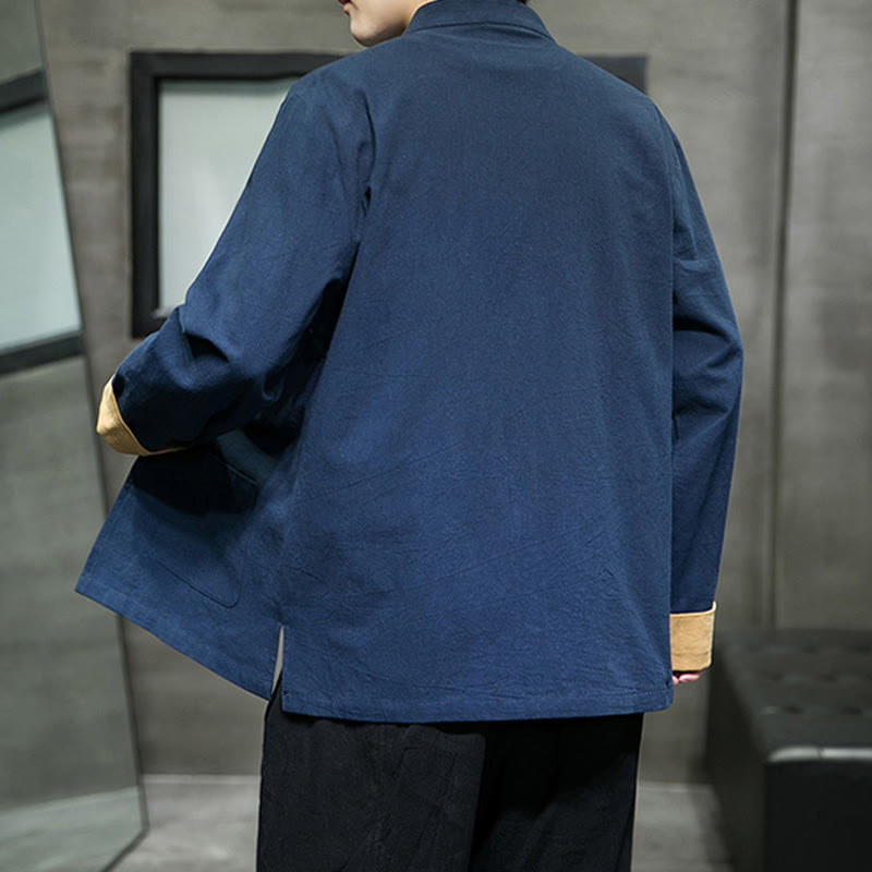 Camicia da uomo in cotone e lino a maniche lunghe con bottoni a forma di rana , Buddha Stones ricamate, gru, nuvole di buon auspicio - image 24