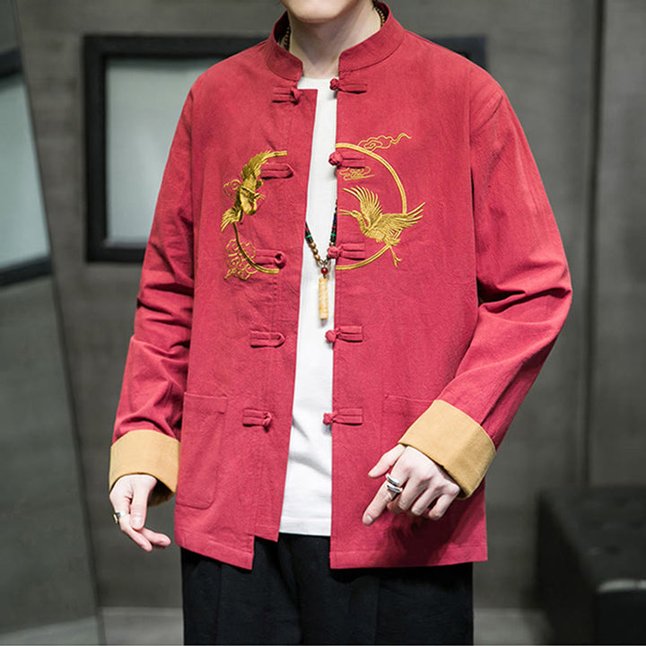 Camicia da uomo in cotone e lino a maniche lunghe con bottoni a forma di rana , Buddha Stones ricamate, gru, nuvole di buon auspicio - image 36