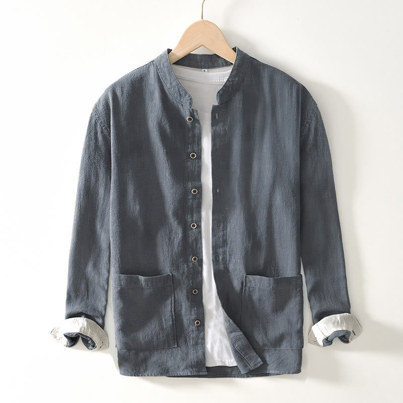 Buddha Stones Camicia da uomo in cotone ramiè con tasche e bottoni, a maniche lunghe, tinta unita autunnale - Grigio scuro - US/UK/AU42, EU52 (3XL) - image 17