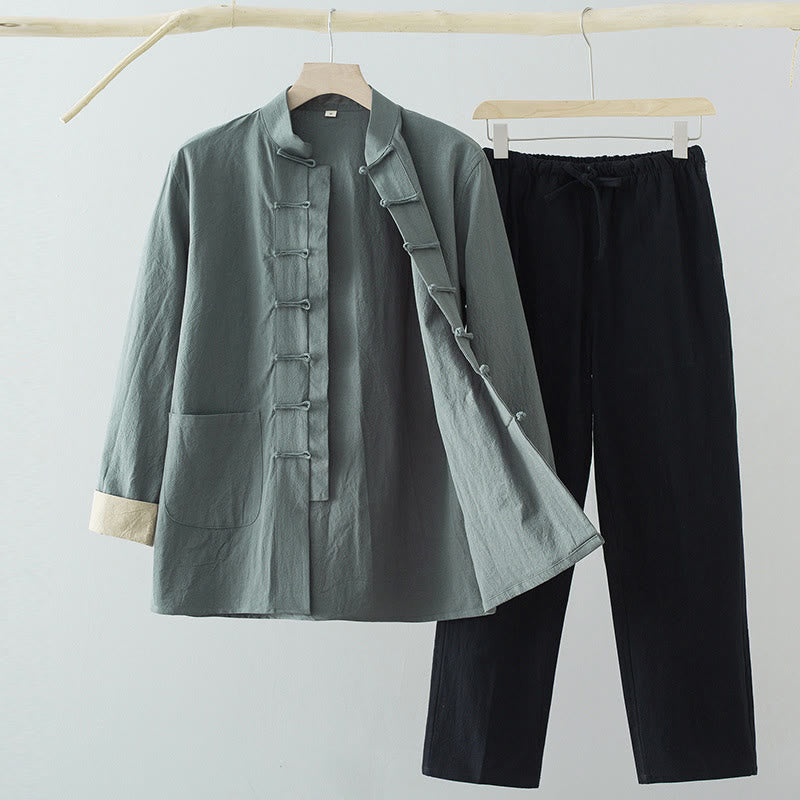 Completo da uomo Buddha Stones 2 pezzi Tang Suit con camicia a maniche lunghe e pantaloni in cotone e lino con bottoni a rana e tasche. - Camicia blu cadetto + pantaloni neri - US/UK/AU44, EU54 (4XL) - image 0