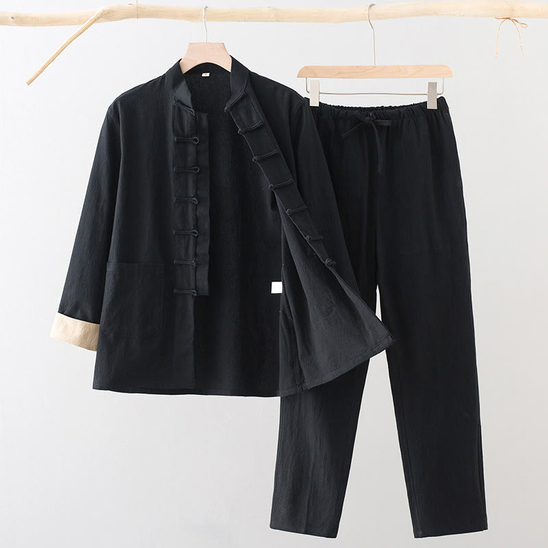 Set da 2 pezzi Buddha Stones Tang Suit da uomo con bottoni a rana, camicia a maniche lunghe in cotone e pantaloni con tasche - Nero - US/UK/AU44, EU54 (4XL) - image 1
