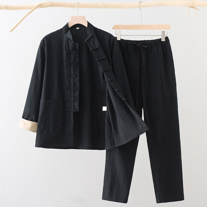 Set da 2 pezzi Buddha Stones Tang Suit da uomo con bottoni a rana, camicia a maniche lunghe in cotone e pantaloni con tasche - Nero - US/UK/AU44, EU54 (4XL) - image 1