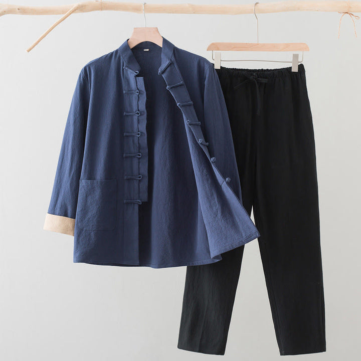 Completo da uomo Buddha Stones 2 pezzi Tang Suit con camicia a maniche lunghe e pantaloni in cotone e lino con bottoni a rana e tasche. - Camicia blu acciaio + pantaloni neri - US/UK/AU44, EU54 (4XL) - image 4