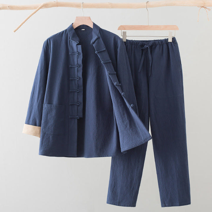 Completo da uomo Buddha Stones 2 pezzi Tang Suit con camicia a maniche lunghe e pantaloni in cotone e lino con bottoni a rana e tasche. - SteelBlue - US/UK/AU44, EU54 (4XL) - image 13