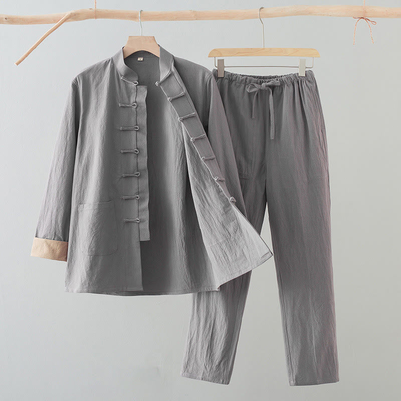 Completo da uomo Buddha Stones 2 pezzi Tang Suit con camicia a maniche lunghe e pantaloni in cotone e lino con bottoni a rana e tasche. - Grigio chiaro - US/UK/AU44, EU54 (4XL) - image 15